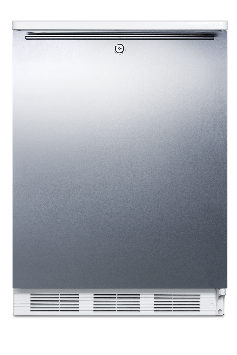 Built-in undercounter refrigerator-freezer for general purpose use, with dual evaporator cooling, SS door, lock, horizontal handle and white cabinet